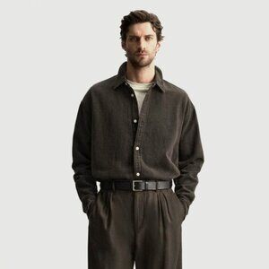 Truly Denim Men's Relaxed Fit Washed Denim Button Down Shirt Dark Khaki Green